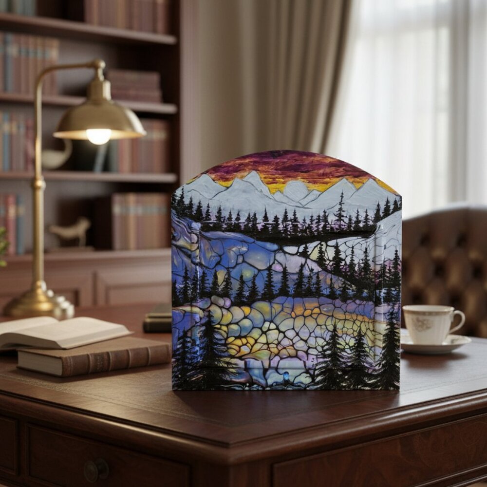 Hand Crafted Painted Glass Frame Snowy Mountains
